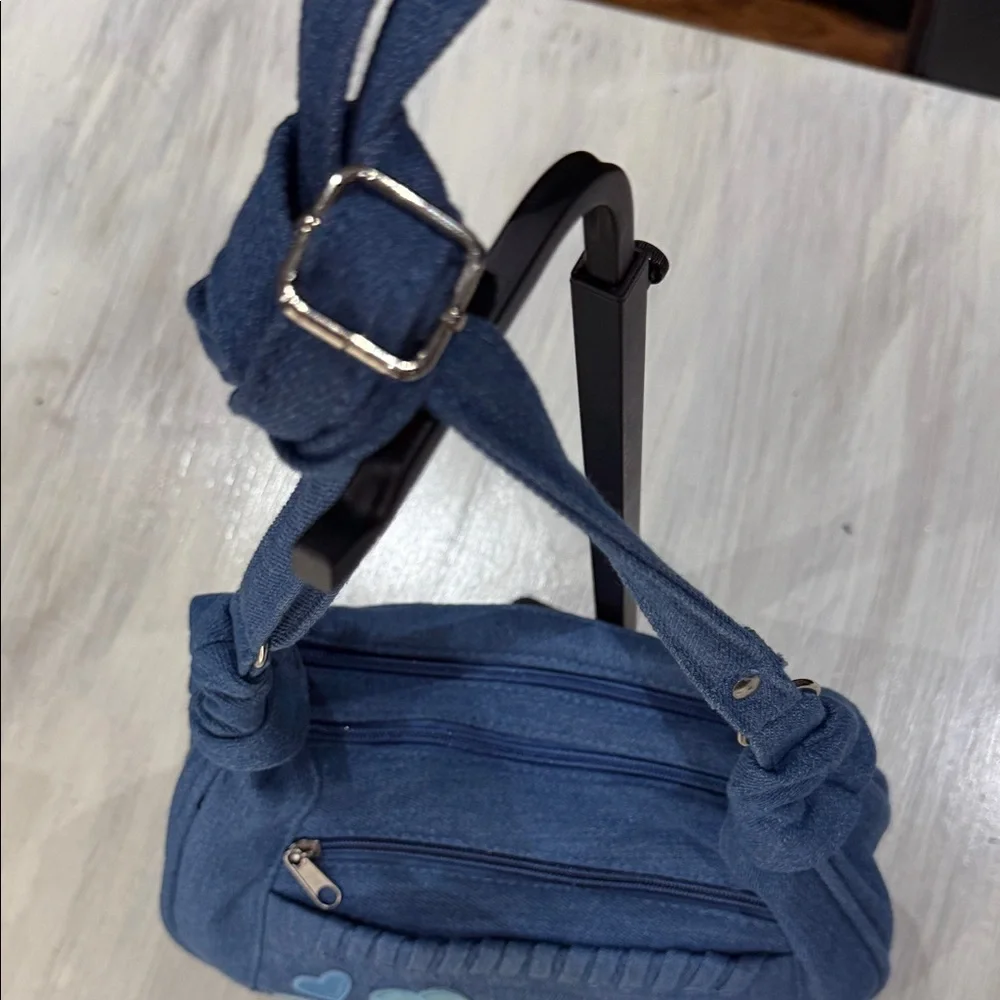 Chic Blue Denim Hobo Bag with Floral Accents